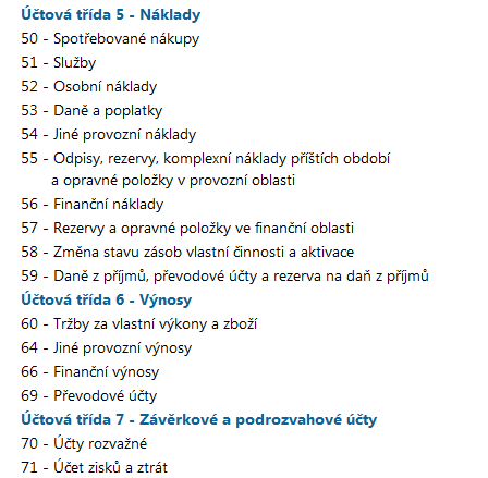 4. Účtové třídy a skupiny účtů nákladů a výnosů dle směrné účtové osnovy