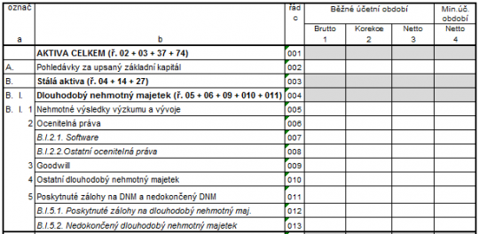 4. Ukázka struktury dlouhodobého nehmotného majetku ve výkazu plné rozvahy