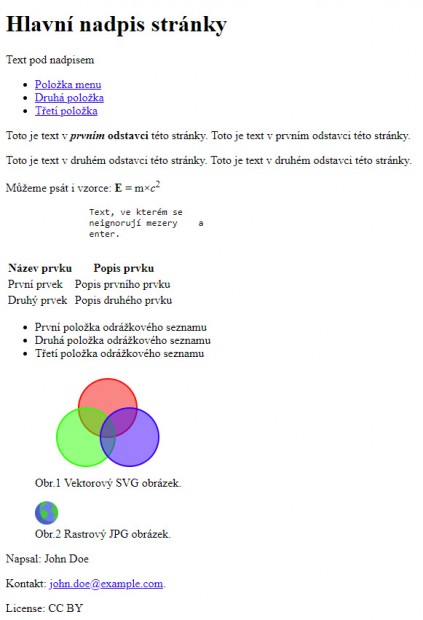 5. Ukázkový web psaný čistě v HTML 5 (snímek obrazovky)