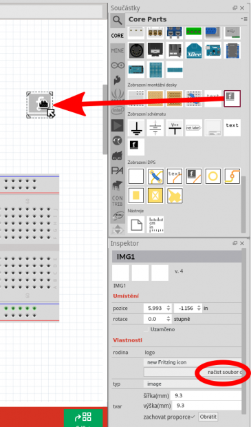 11. Fritzing – vložení obrázku – výchozí rozlišení je 80 dpi, rozměry lze upravit v inspektoru