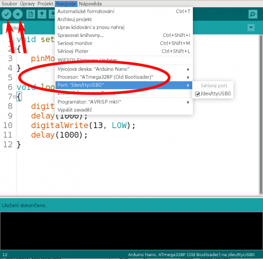 21. Arduino IDE – kompilace, nahrávání programu a parametry desky