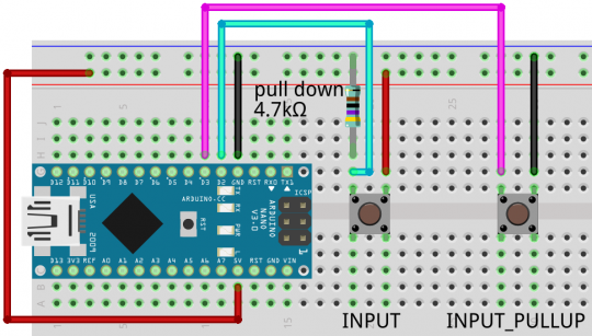 23. Zapojení tlačítka – vlevo INPUT (použit pull down rezistor 4,7 kΩ), vpravo INPUT_PULLUP