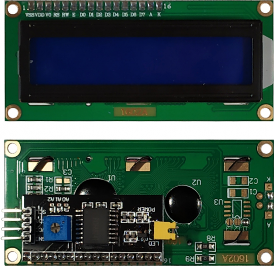 30. LCD znakový displej – ze spodní strany je připájen I2C řadič