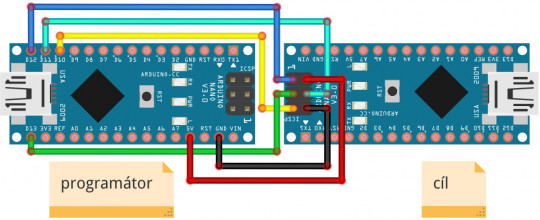 31. Obnova bootloaderu pomocí jiného Arduina – to vlevo slouží jako programátor, to vpravo jako příjemce. Propojíme až před samotným vypálením zavaděče.