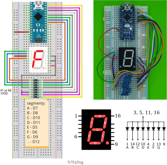 16. Připojení 7S displeje se společnou anodou k Arduinu – vlevo náčrtek, vpravo realita a mapa vývodů