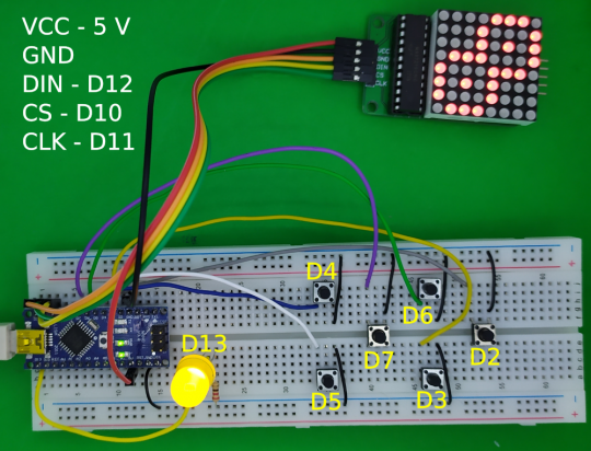 19. Zapojení maticového LED displeje s řadičem MAX7219, ovládacích tlačítek a Arduina – náčrt a realita