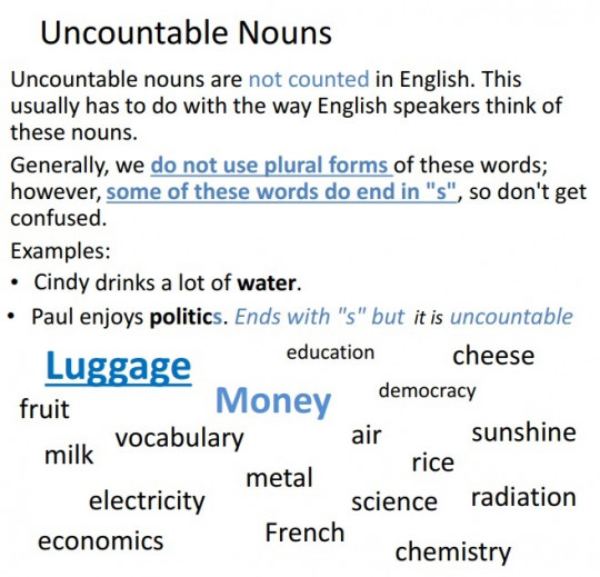 10. Uncountable nouns in English.