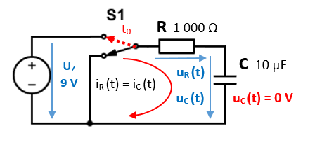 13. [Příklad č. 10] Obvod RC (nabíjení) – výpočet obvodových veličin