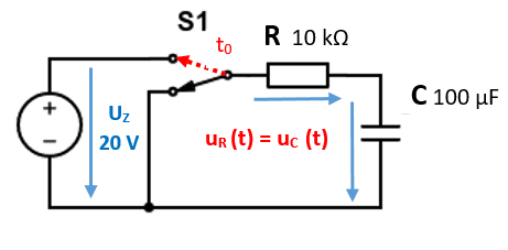 15. [Příklad č. 12] Obvod RC (nabíjení) – výpočet obvodových veličin