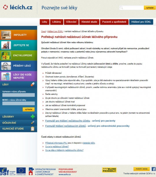 12. Hlášení nežádoucího účinku léčiva