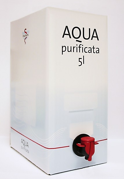 1. Aqua purificata Bag in Box – příklad čištěné vody rozplněné do obalu zaručujícího prodlouženou dobou použitelnosti