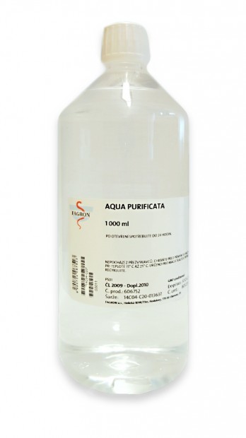 2. Aqua purificata – čištěná voda pro magistraliter přípravu nebo k oplachu laboratorního nádobí, doba použitelnosti je 24 hod po otevření